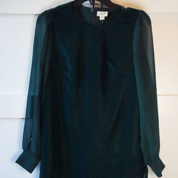 NWT, J. Crew, Velvet Sheer Long Sleeve Shift Mini Dress, Old Forest, Green - Picture 3 of 7